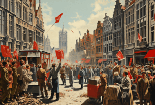 Vision artistique d'une manifestation de rue en Belgique lors de la grève générale pour le droit de vote.
