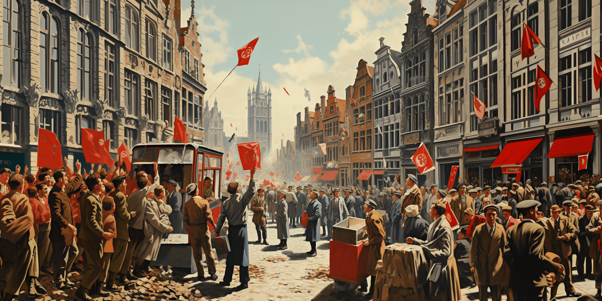 Vision artistique d'une manifestation de rue en Belgique lors de la grève générale pour le droit de vote.