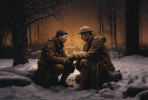Deux soldats devisant dans les tranchées en hiver.