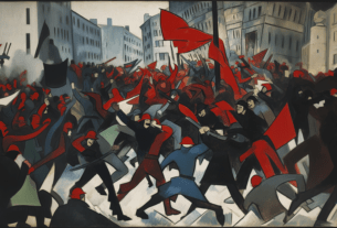 Vision artistique d'un affrontement entre la gauche et les milices fascistes